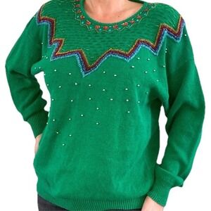 VTG 90s Christine Gerard Rainbow Beaded Ugly Sweater Party Shoulder Pads Large‎